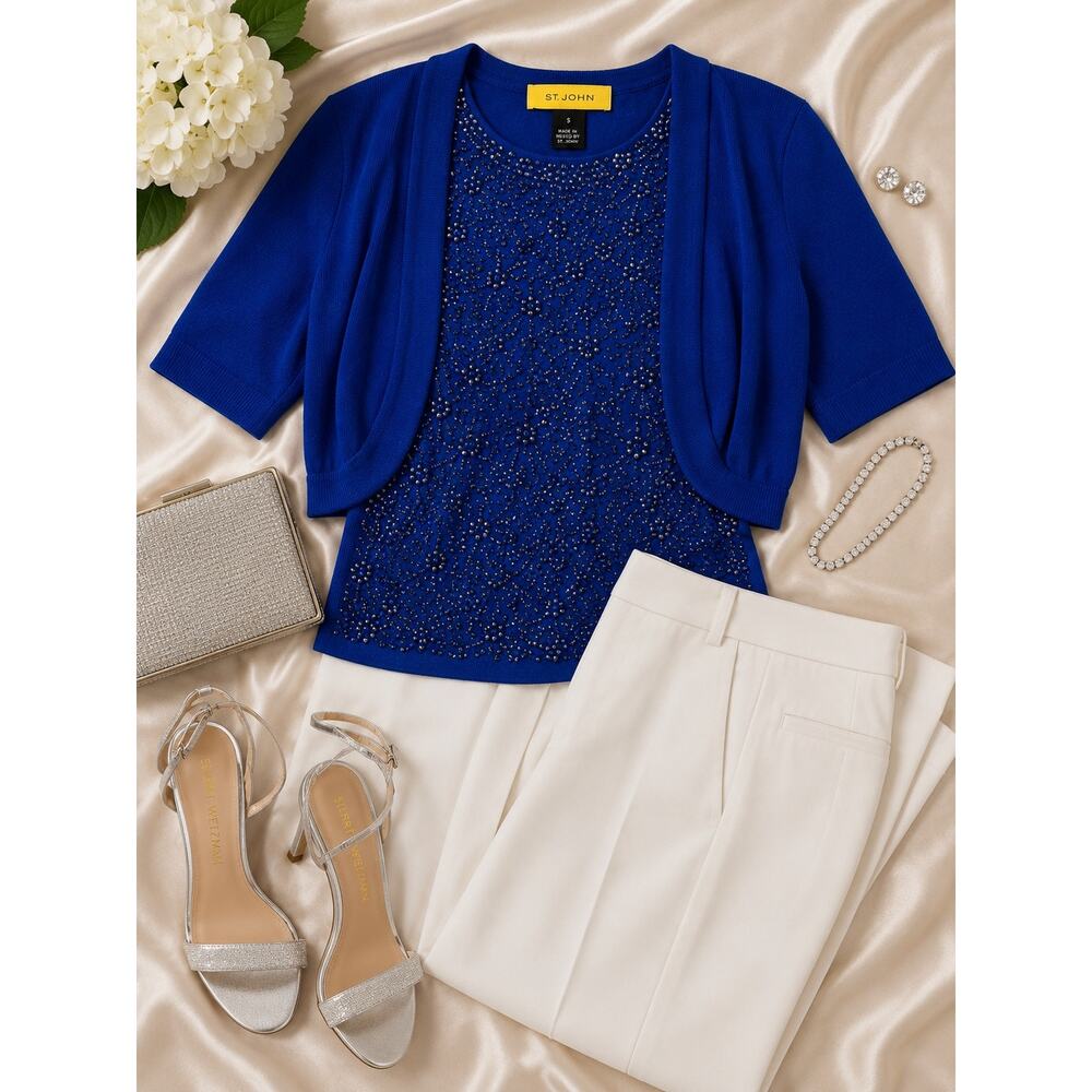 St. John Santana Knit Crystal Beaded Twinset Royal Blue Sweater S Luxury Evening